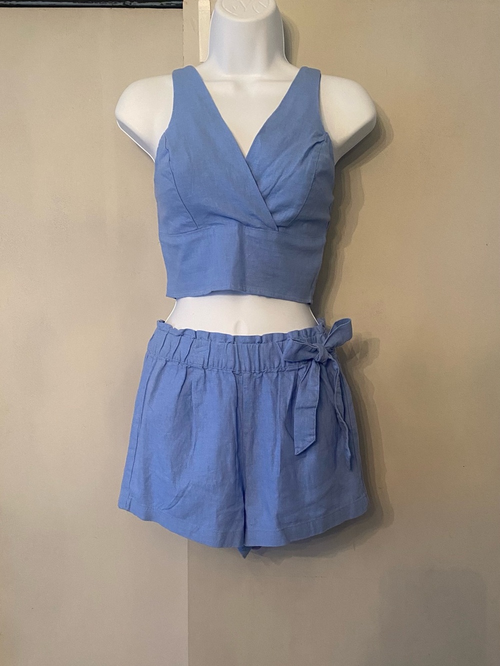 Revamped Sky Blue Linen-Style Crop Top & High-Waist Shorts Set Sz-Xsmall